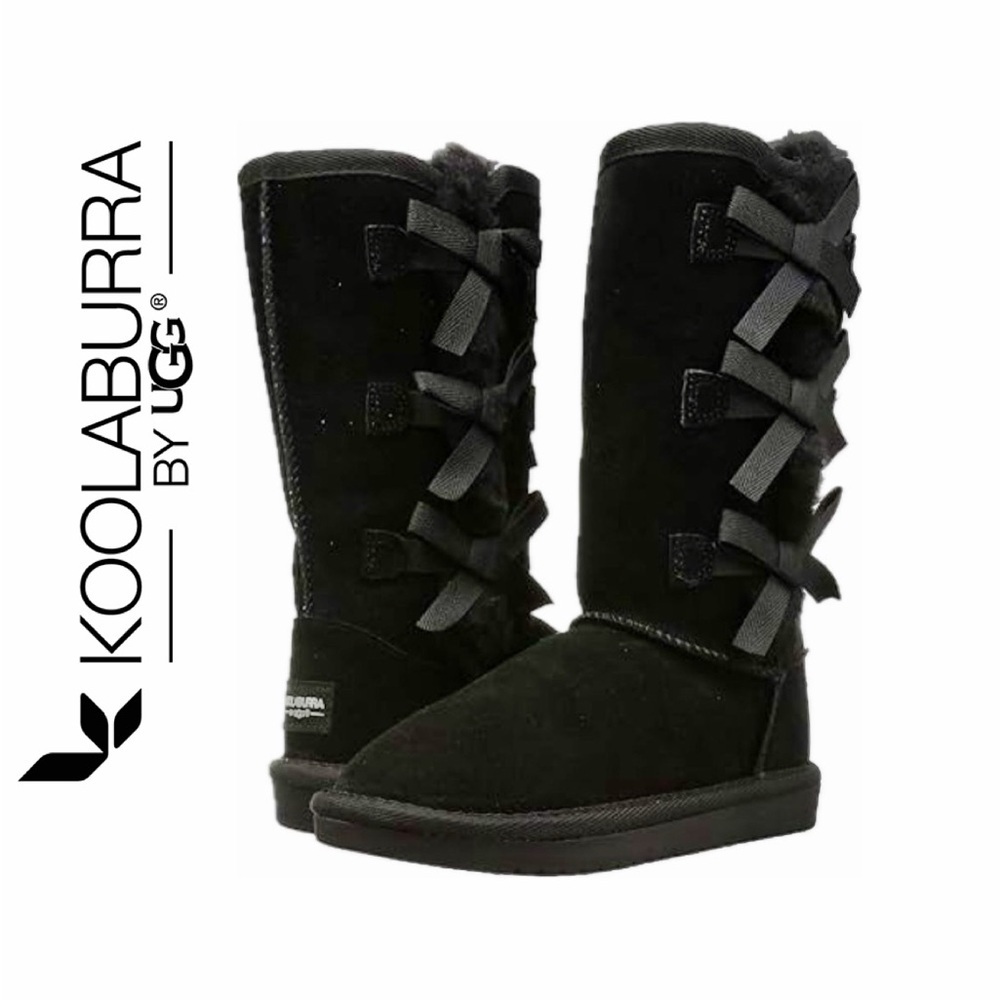 Koolaburra by UGG Victoria Boots Suede Black Kids Sz 3 Triple Bows Winter Cozy